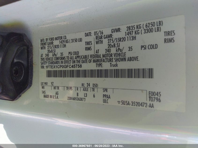 2016 FORD F-150 XL/LARIAT/XLT - 1FTEX1CP0GFC45758