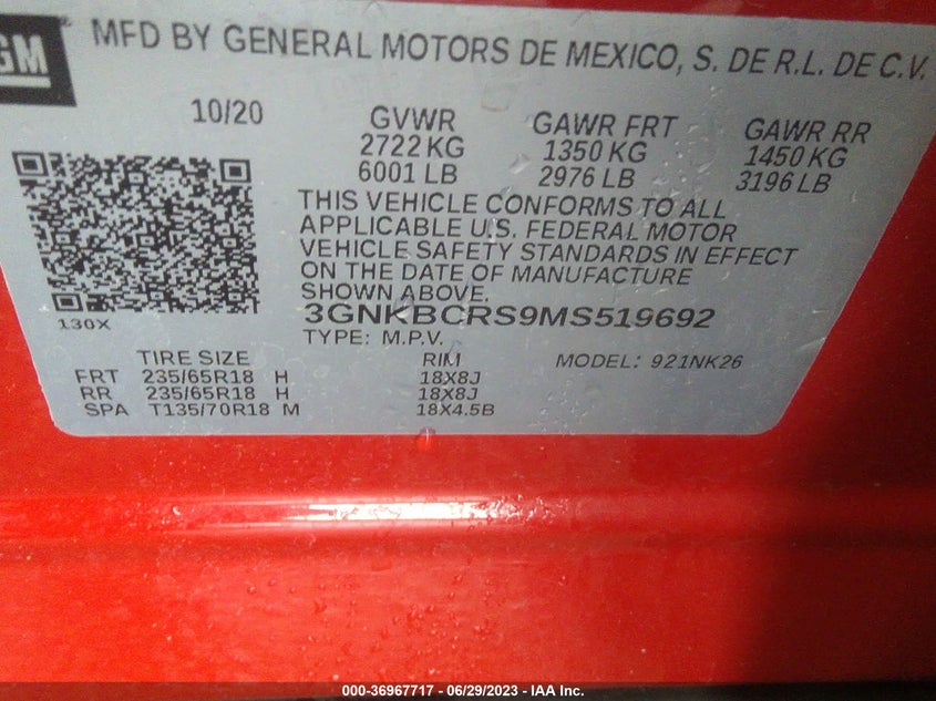 VIN 3GNKBCRS9MS519692 2021 CHEVROLET BLAZER LT