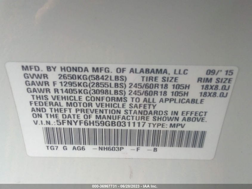 2016 HONDA PILOT EX-L - 5FNYF6H59GB031117