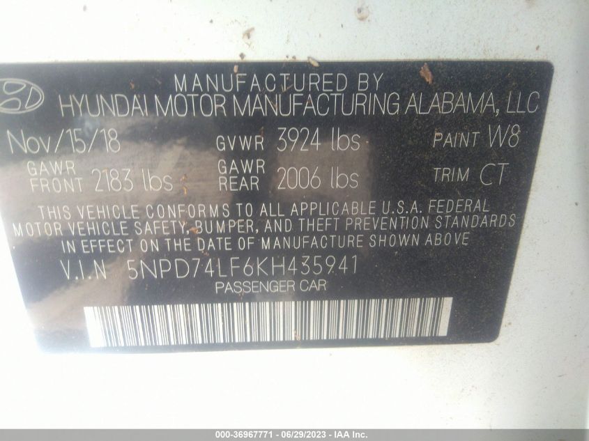 2019 HYUNDAI ELANTRA SE - 5NPD74LF6KH435941