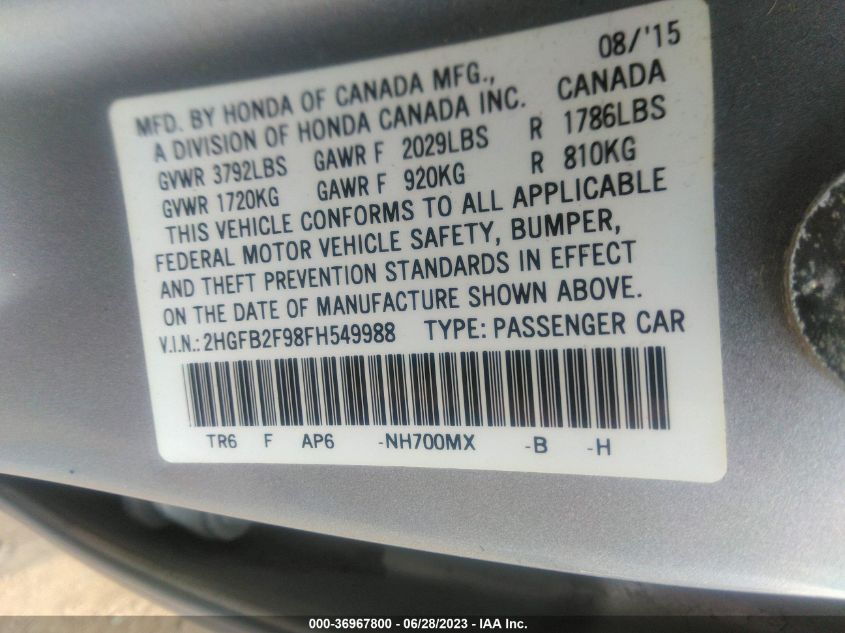 2015 HONDA CIVIC EX-L - 2HGFB2F98FH549988