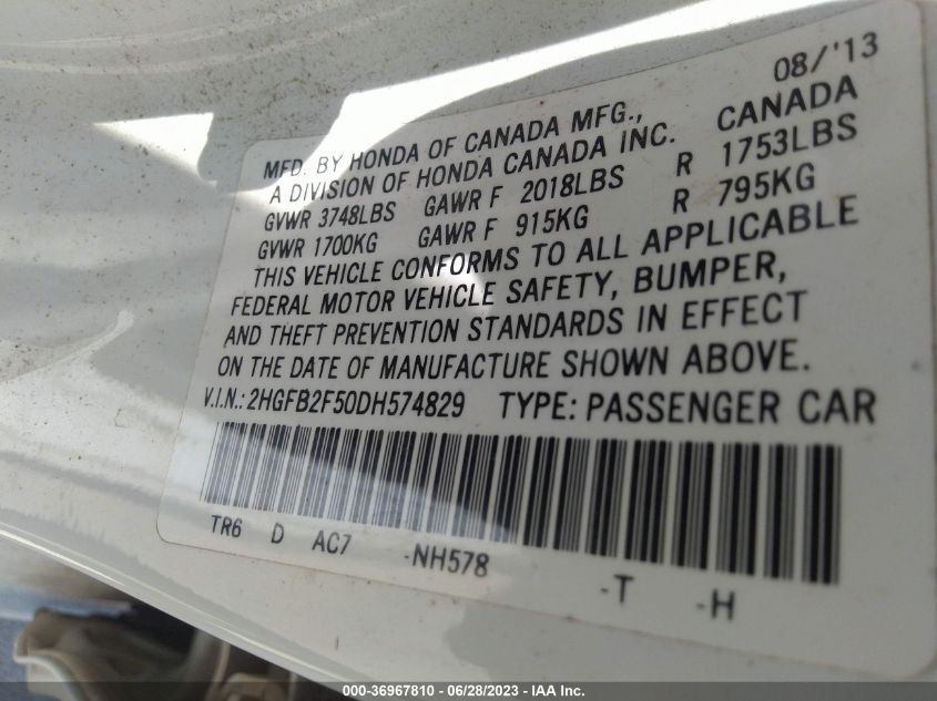 2013 HONDA CIVIC SDN LX - 2HGFB2F50DH574829