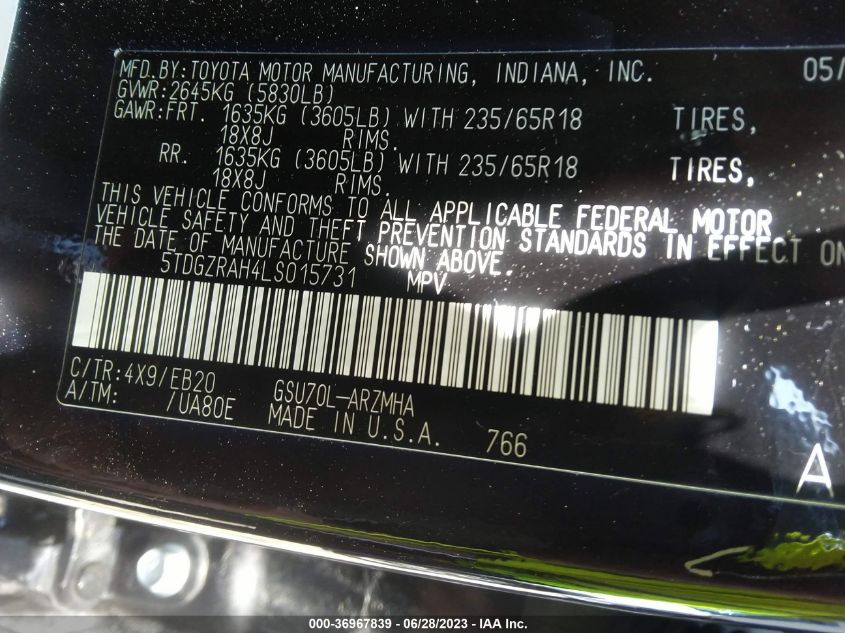 2020 TOYOTA HIGHLANDER XLE - 5TDGZRAH4LS015731
