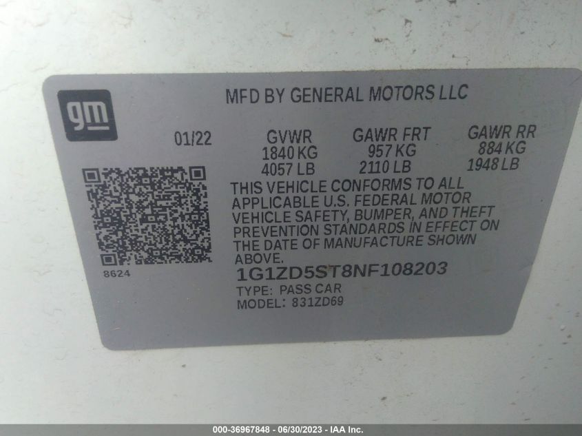 2022 CHEVROLET MALIBU LT - 1G1ZD5ST8NF108203