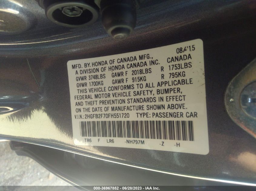 2015 HONDA CIVIC SEDAN SE - 2HGFB2F70FH551720