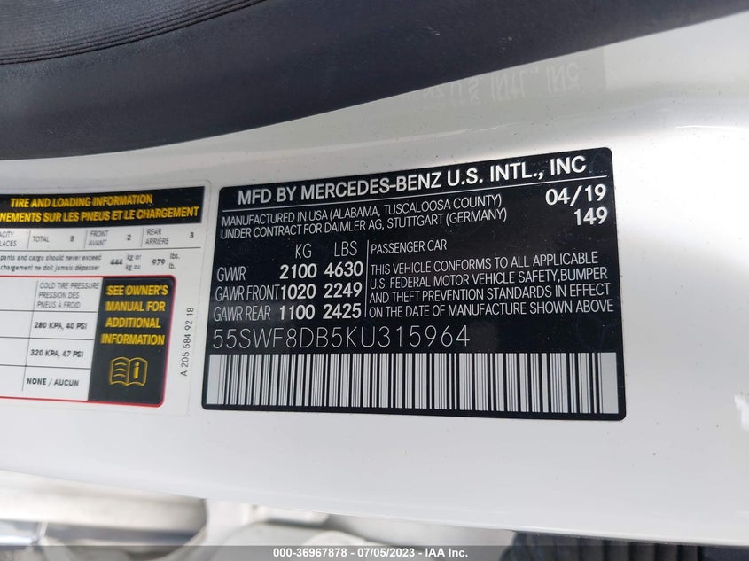 VIN 55SWF8DB5KU315964 2019 MERCEDES-BENZ C-CLASS C 300