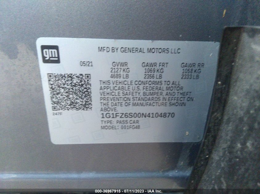 2022 CHEVROLET BOLT EUV PREMIER 1G1FZ6S00N4104870