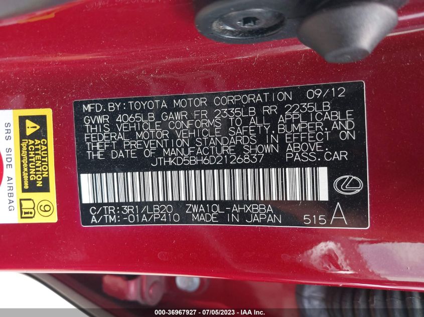 2013 LEXUS CT 200H HYBRID - JTHKD5BH6D2126837
