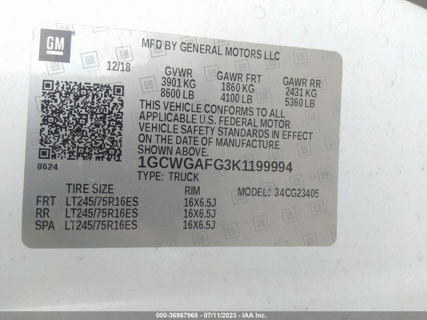 2019 CHEVROLET EXPRESS CARGO VAN - 1GCWGAFG3K1199994