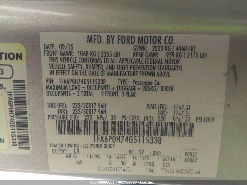 1FA6P0H74G5115338 2016 FORD FUSION, photo no. 9