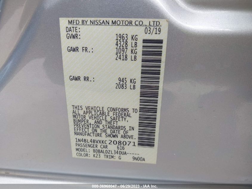 2019 NISSAN ALTIMA 2.5 S - 1N4BL4BVXKC208071
