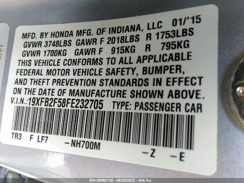 2015 HONDA CIVIC SEDAN LX - 19XFB2F58FE232705