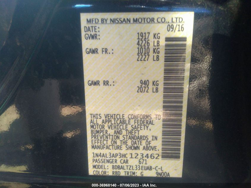 2017 NISSAN ALTIMA 2.5 SL - 1N4AL3AP3HC123462