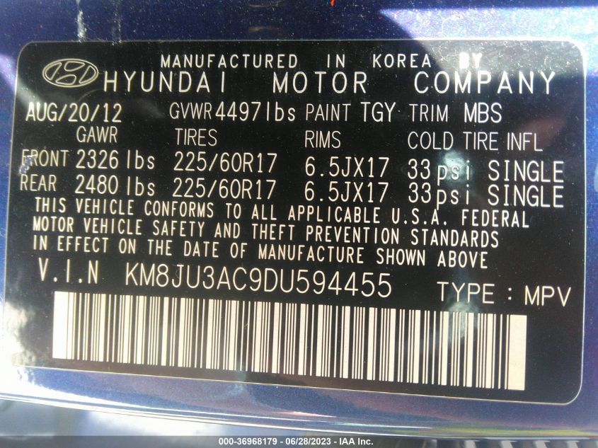2013 HYUNDAI TUCSON GLS - KM8JU3AC9DU594455