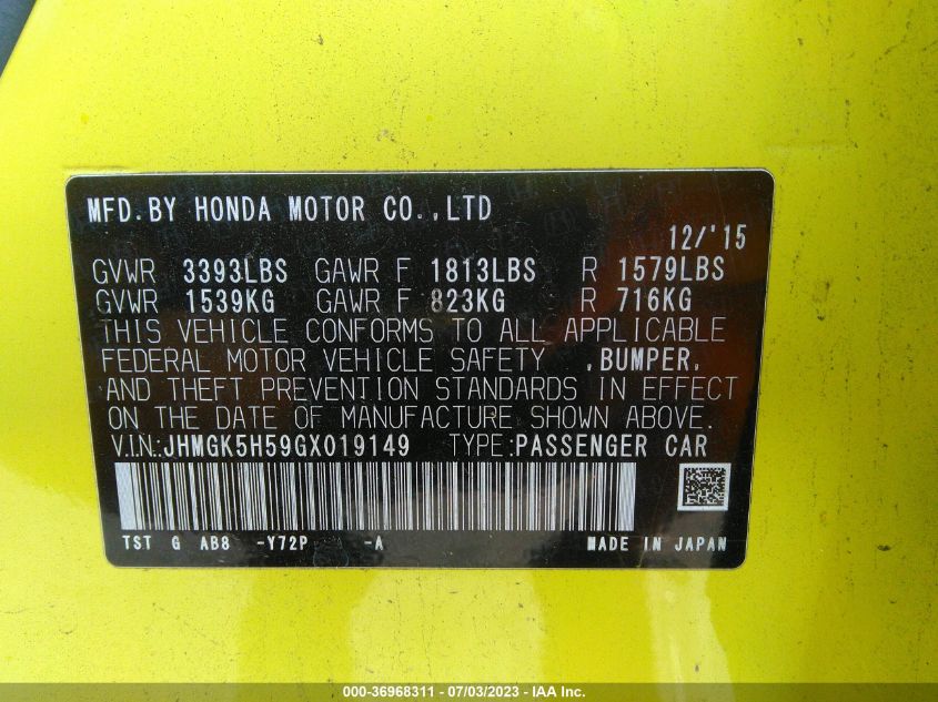 2016 HONDA FIT LX - JHMGK5H59GX019149