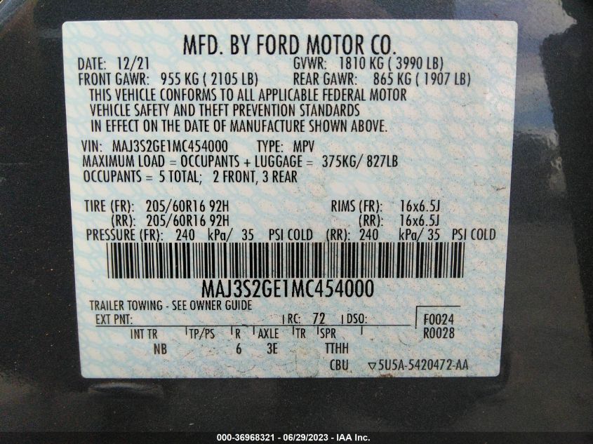 VIN MAJ3S2GE1MC454000 2021 FORD ECOSPORT no.9