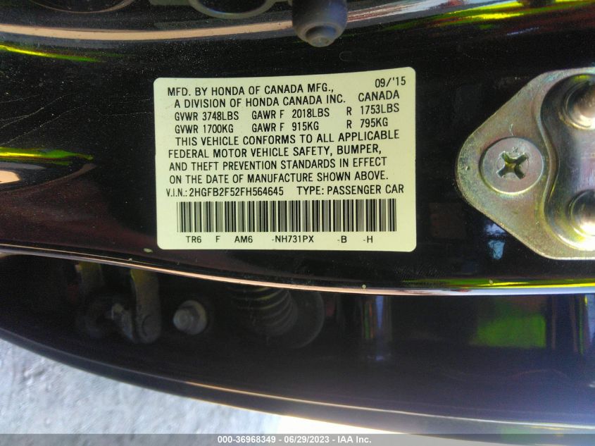 2015 HONDA CIVIC LX - 2HGFB2F52FH564645