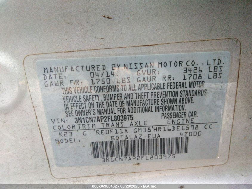2015 NISSAN VERSA S PLUS - 3N1CN7AP2FL803975