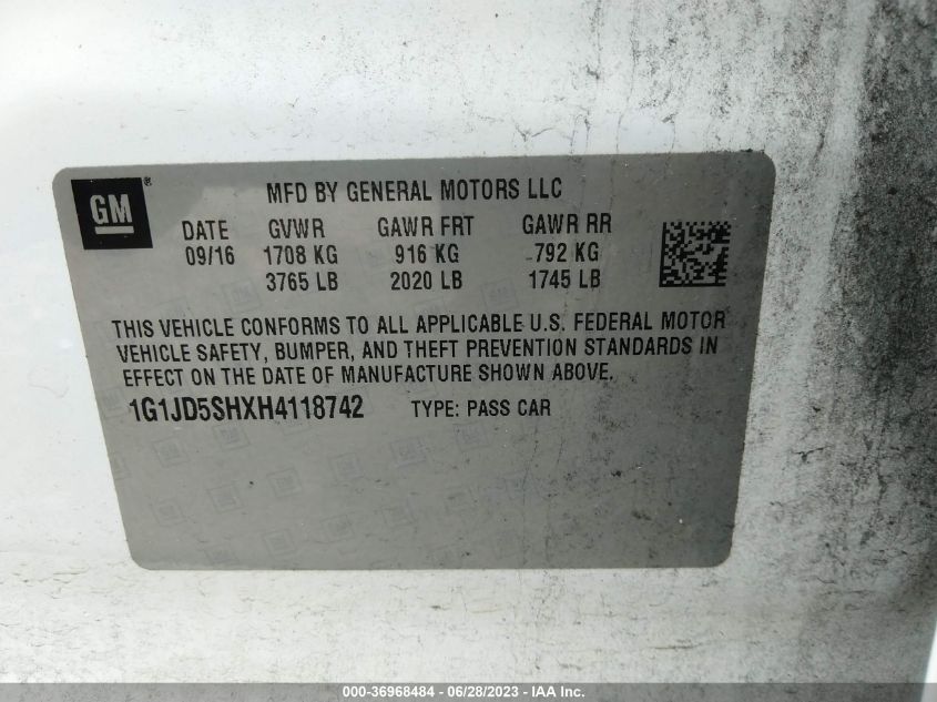 2017 CHEVROLET SONIC LT - 1G1JD5SHXH4118742