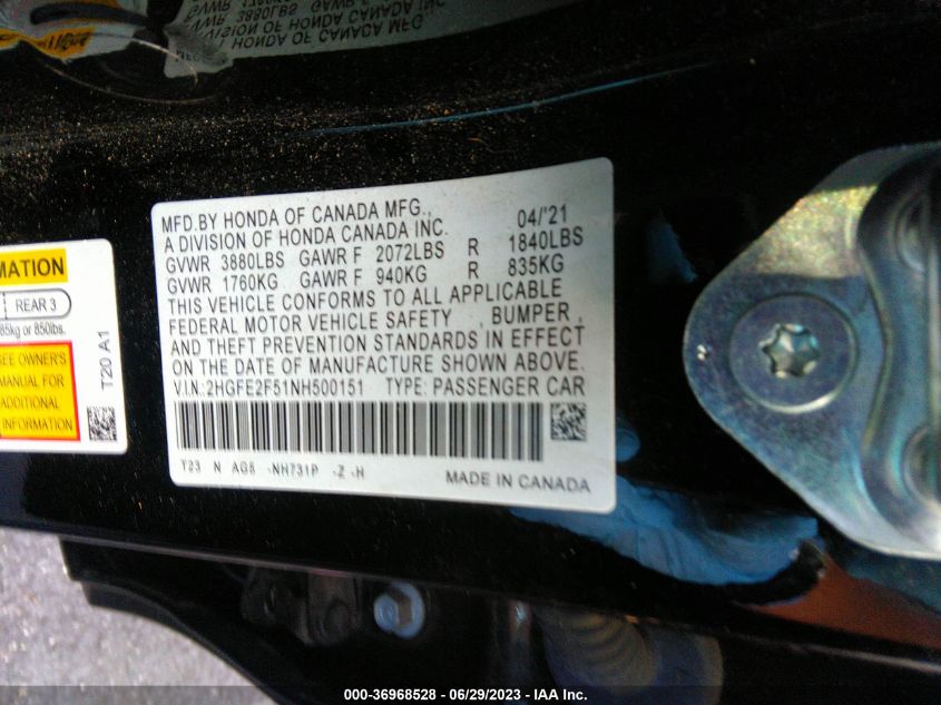 2022 HONDA CIVIC SEDAN SPORT - 2HGFE2F51NH500151
