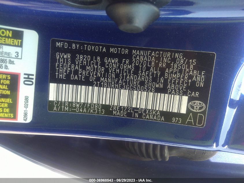 2016 TOYOTA COROLLA L/LE/LE PLS/PRM/S/S PLS - 2T1BURHE3GC500526