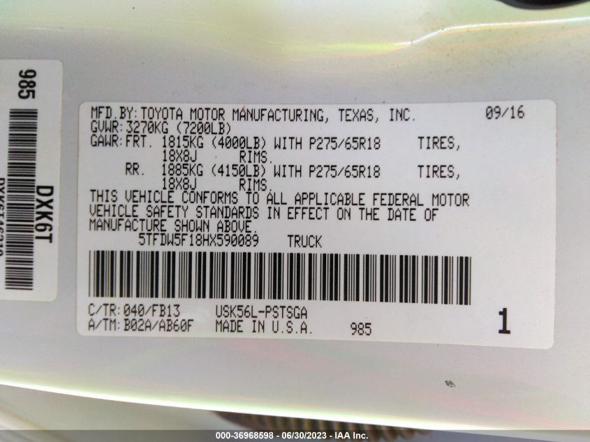 2017 TOYOTA TUNDRA 4WD SR5/TRD PRO - 5TFDW5F18HX590089