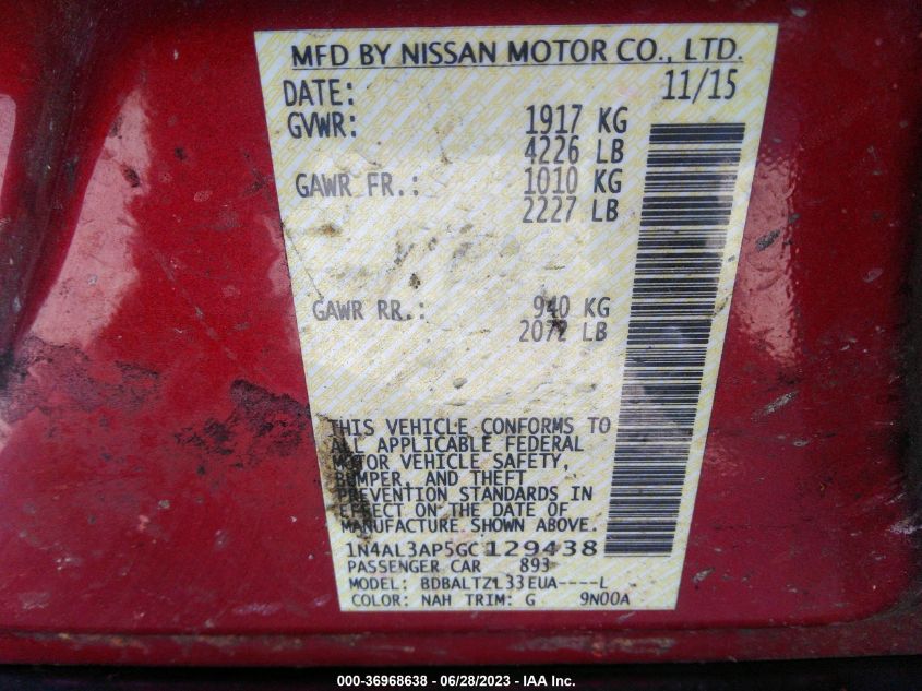 2016 NISSAN ALTIMA 2.5 SL - 1N4AL3AP5GC129438