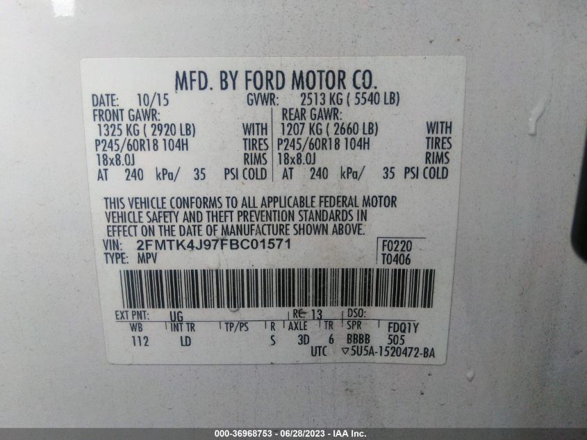 2FMTK4J97FBC01571 2015 FORD EDGE, photo no. 9