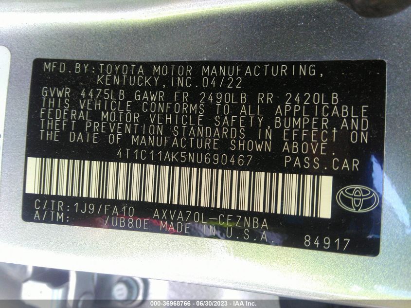 2022 TOYOTA CAMRY LE - 4T1C11AK5NU690467