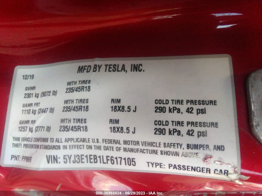 2020 TESLA MODEL 3 LONG RANGE - 5YJ3E1EB1LF617105
