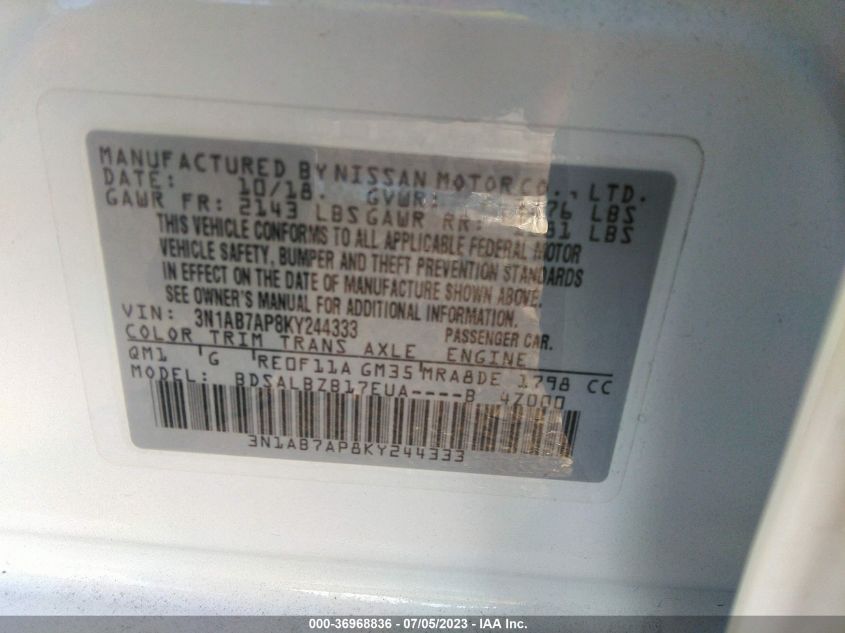 2019 NISSAN SENTRA S - 3N1AB7AP8KY244333
