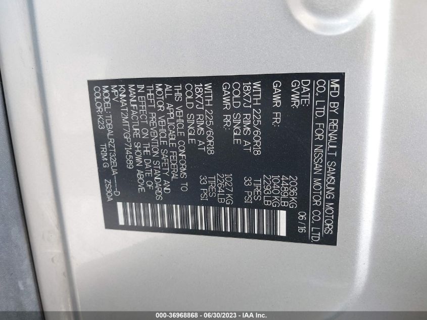 2016 NISSAN ROGUE SL - KNMAT2MT7GP714589