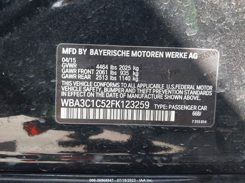 2015 BMW 3 SERIES 328I - WBA3C1C52FK123259