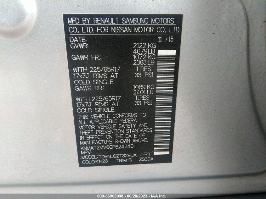 2016 NISSAN ROGUE SV - KNMAT2MV6GP624240