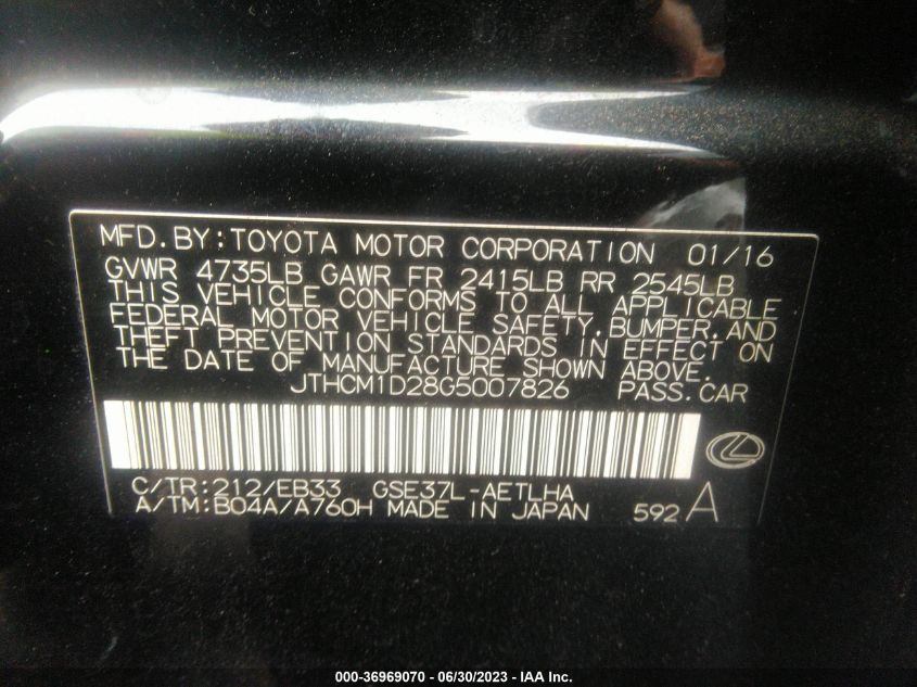 2016 LEXUS IS 300 - JTHCM1D28G5007826