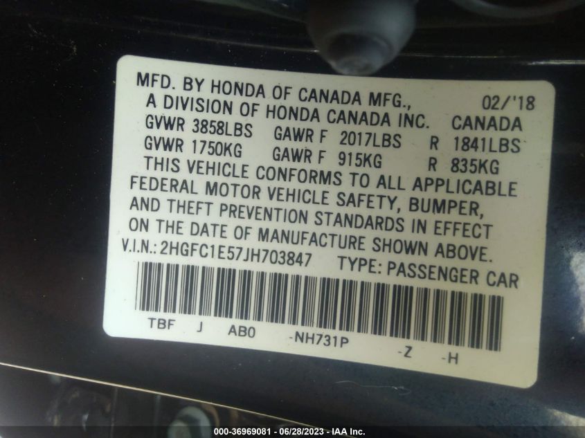 2018 HONDA CIVIC SI SEDAN 2HGFC1E57JH703847