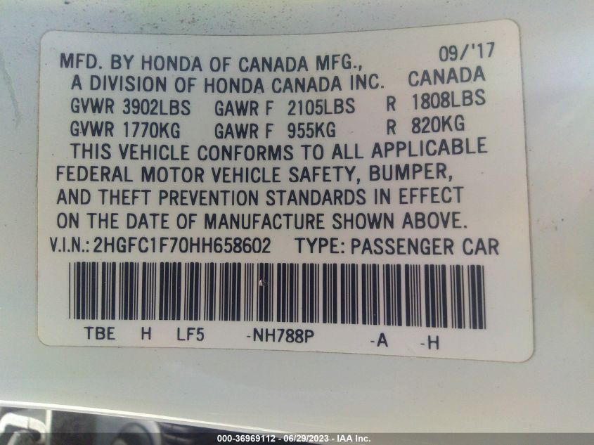 2017 HONDA CIVIC SEDAN EX-L - 2HGFC1F70HH658602