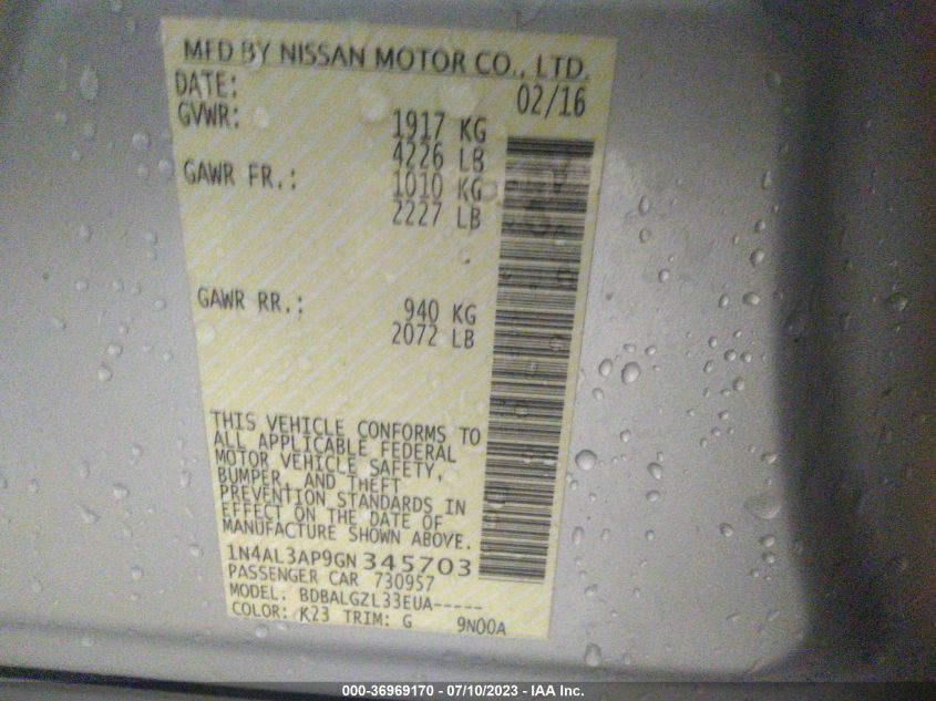2016 NISSAN ALTIMA 2.5 - 1N4AL3AP9GN345703