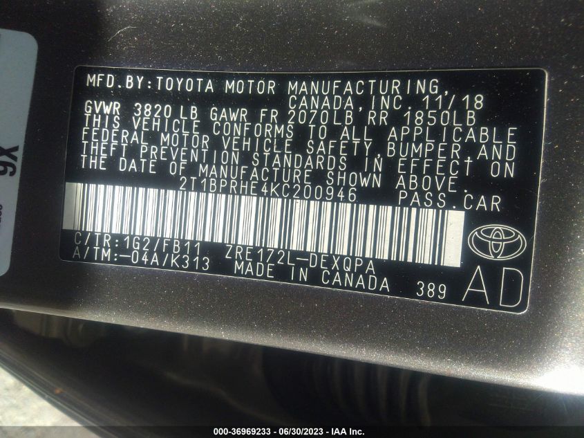 2019 TOYOTA COROLLA LE ECO - 2T1BPRHE4KC200946