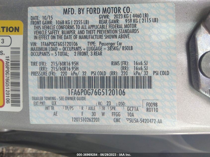 2016 FORD FUSION S - 1FA6P0G76G5120106