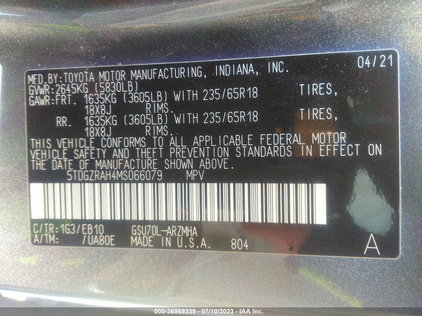 VIN 5TDGZRAH4MS066079 2021 TOYOTA HIGHLANDER XLE