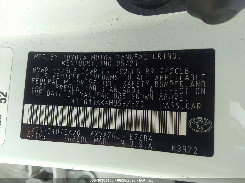 2021 TOYOTA CAMRY SE - 4T1G11AK4MU587573
