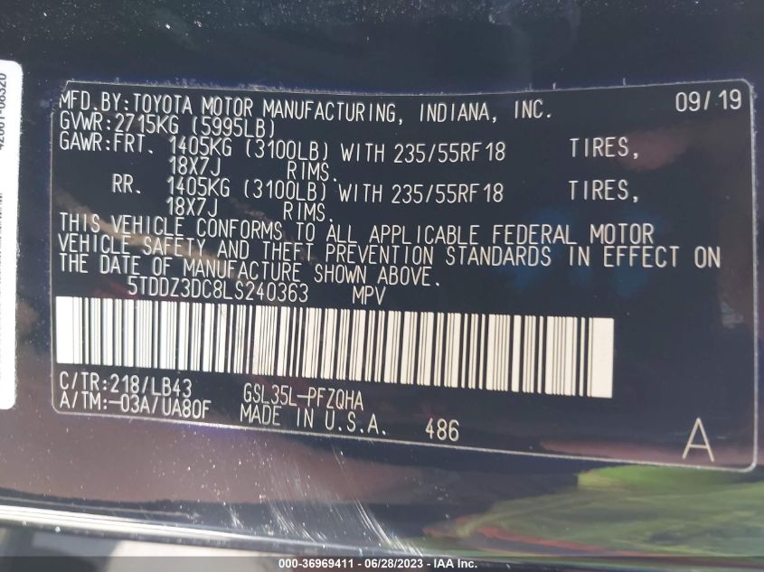 2020 TOYOTA SIENNA XLE - 5TDDZ3DC8LS240363