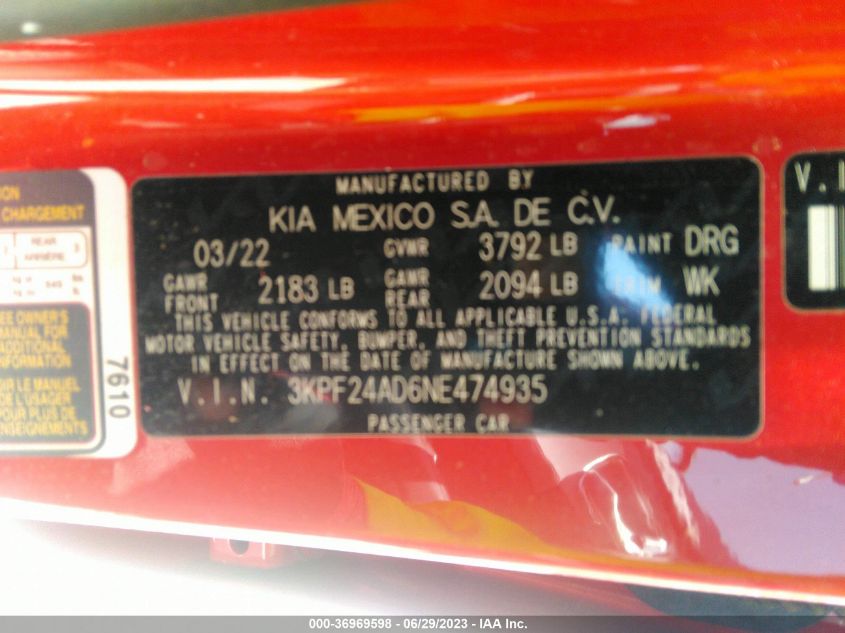 2022 KIA FORTE LXS - 3KPF24AD6NE474935