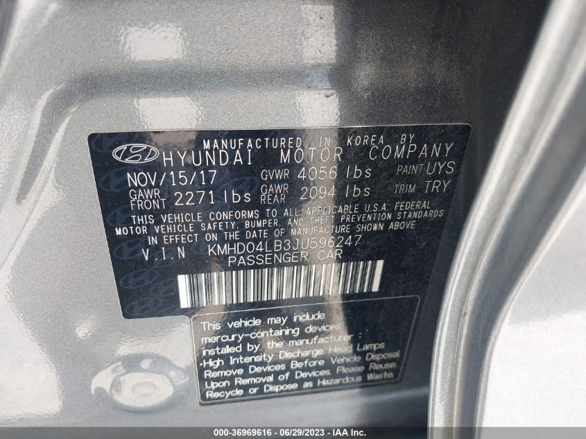 2018 HYUNDAI ELANTRA SPORT - KMHD04LB3JU596247