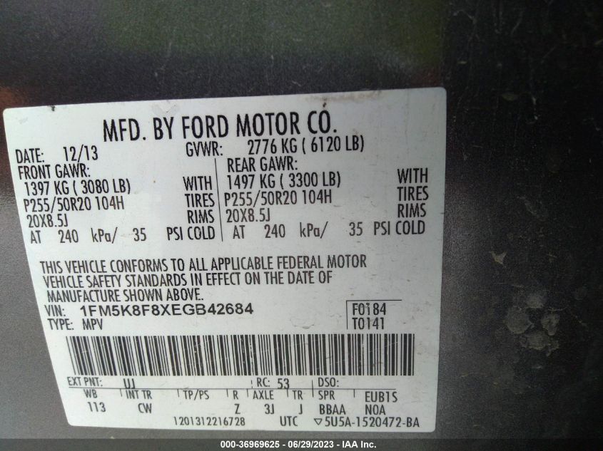 2014 FORD EXPLORER LIMITED - 1FM5K8F8XEGB42684