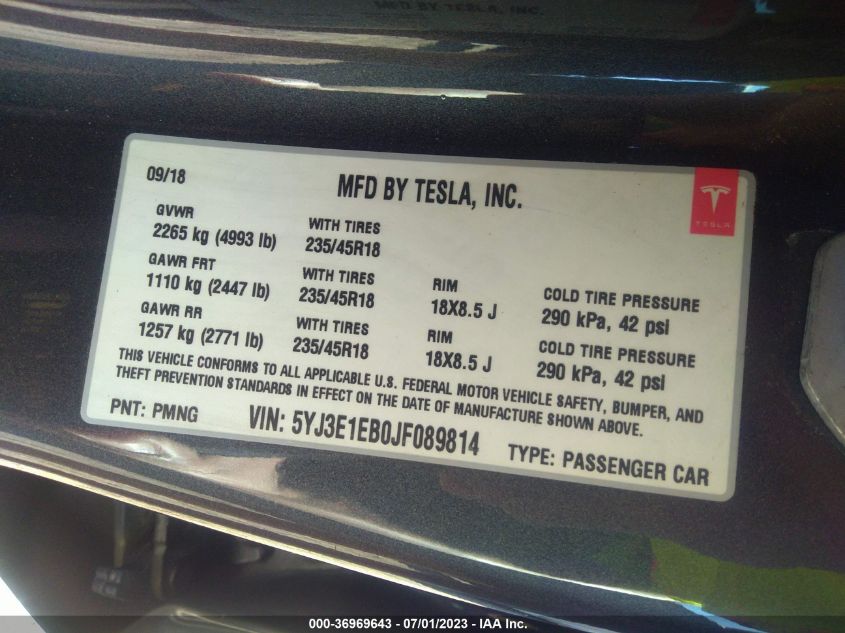 2018 TESLA MODEL 3 LONG RANGE - 5YJ3E1EB0JF089814