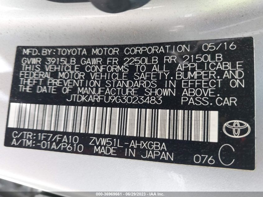 2016 TOYOTA PRIUS FOUR - JTDKARFU9G3023483