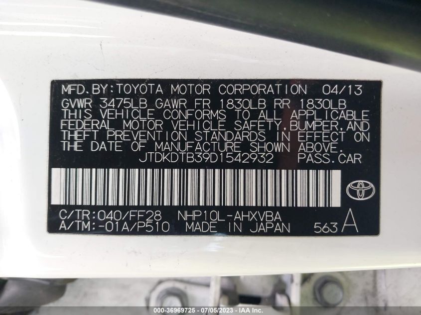 2013 TOYOTA PRIUS C ONE/TWO/THREE/FOUR - JTDKDTB39D1542932