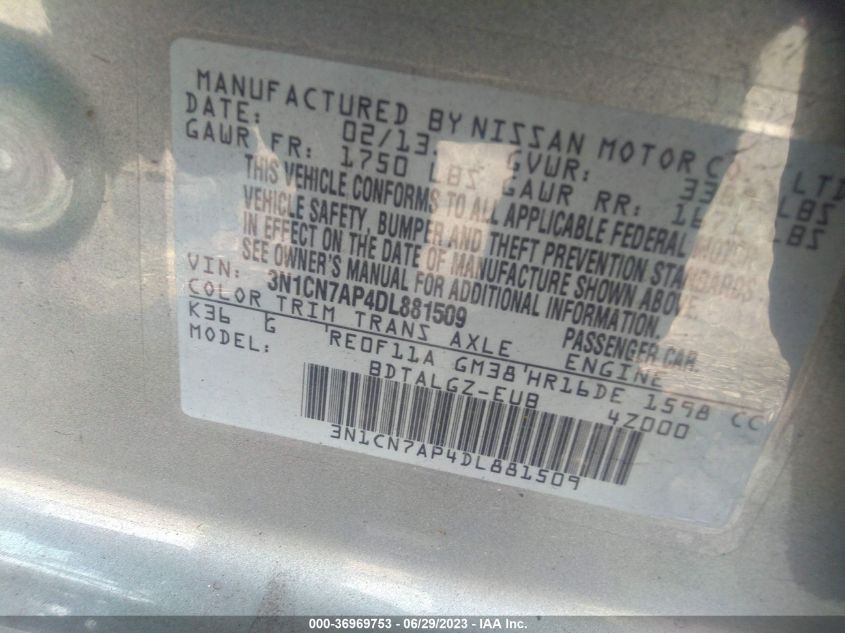 2013 NISSAN VERSA S/S PLUS/SV/SL - 3N1CN7AP4DL881509
